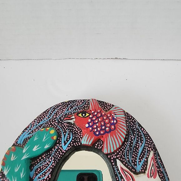 VTG Oaxacan Carved Wood Mirror Frame Oval Handed Paint Fish Cactus Bird Fox 7" - Picture 7 of 14